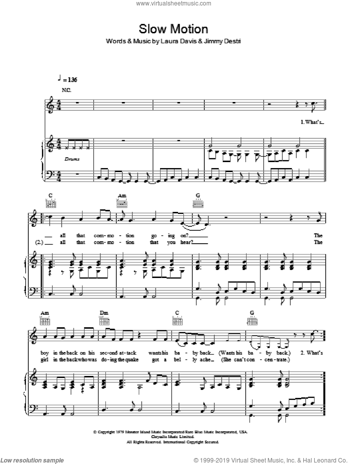 Slow Motion sheet music for voice, piano or guitar by Blondie, Jimmy Destri and Laura Davis, intermediate skill level