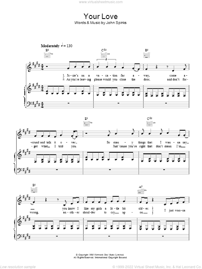 Your Love sheet music for voice, piano or guitar by The Outfield and John Spinks, intermediate skill level