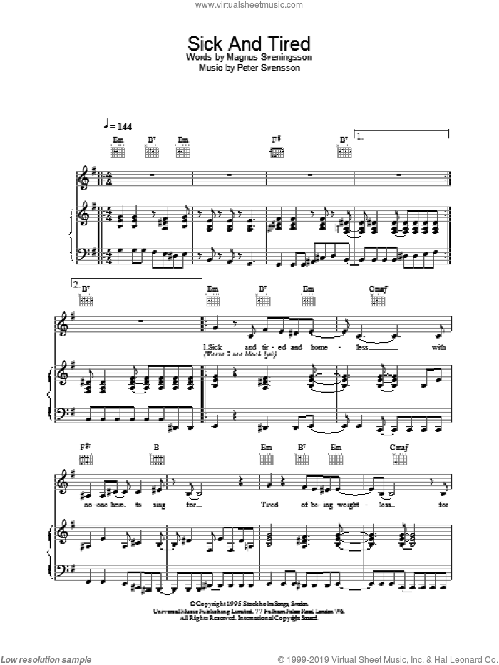 Sick And Tired sheet music for voice, piano or guitar by The Cardigans, intermediate skill level