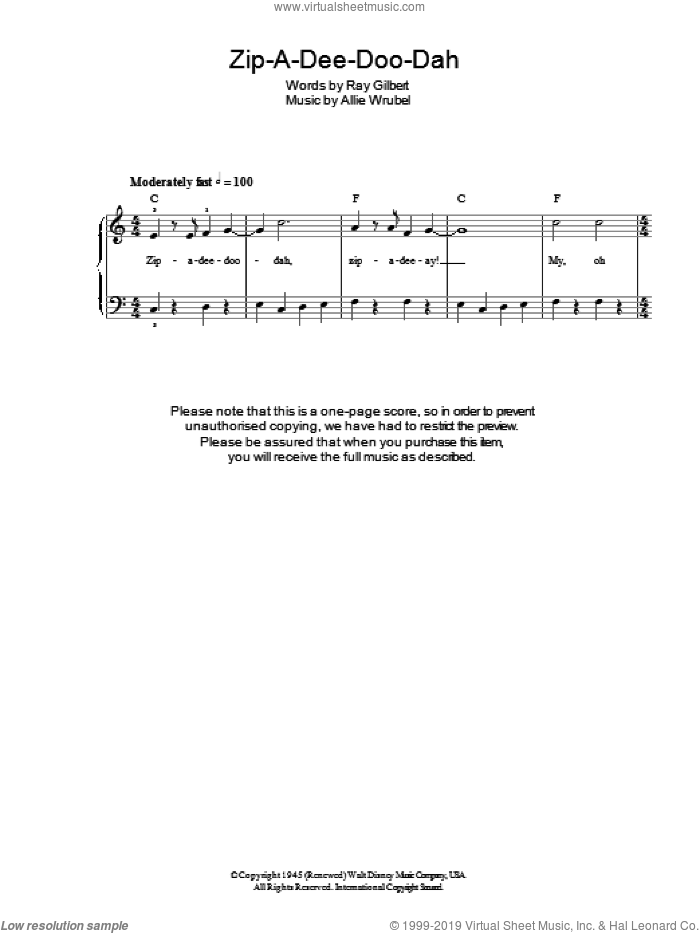 Zip-A-Dee-Doo-Dah (from Song Of The South), (easy) (from Song Of The South) sheet music for piano solo by James Baskett, Allie Wrubel and Ray Gilbert, easy skill level