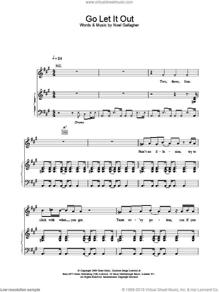 Go Let It Out sheet music for voice, piano or guitar by Oasis, intermediate skill level