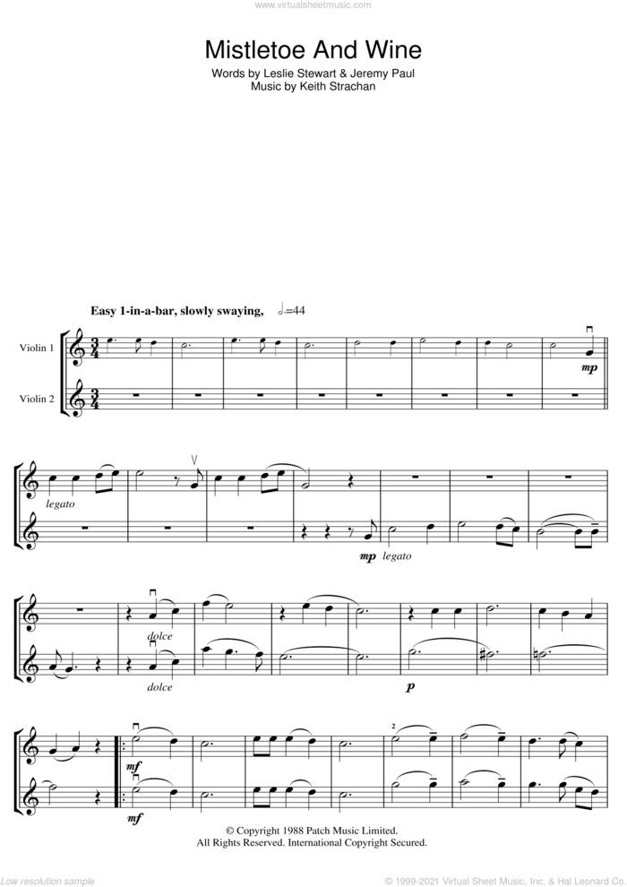 Mistletoe And Wine sheet music for two violins (duets, violin duets) by Cliff Richard, Jeremy Paul, Keith Strachan and Leslie Stewart, intermediate skill level