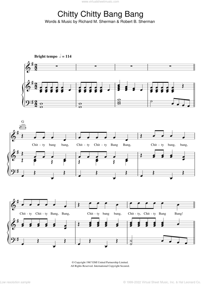 Chitty Chitty Bang Bang sheet music for voice, piano or guitar by Dick Van Dyke, Richard M. Sherman and Robert B. Sherman, intermediate skill level