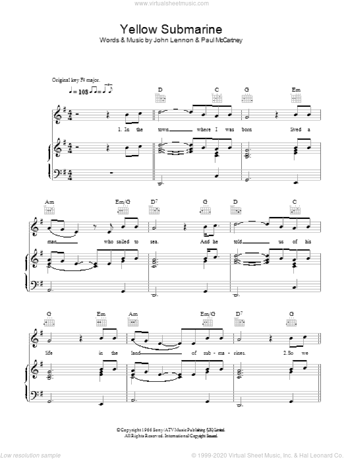 Yellow Submarine sheet music for voice, piano or guitar by The Beatles, John Lennon and Paul McCartney, intermediate skill level