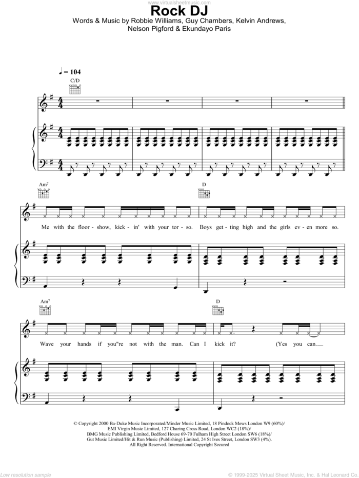 Rock DJ sheet music for voice, piano or guitar by Robbie Williams, intermediate skill level