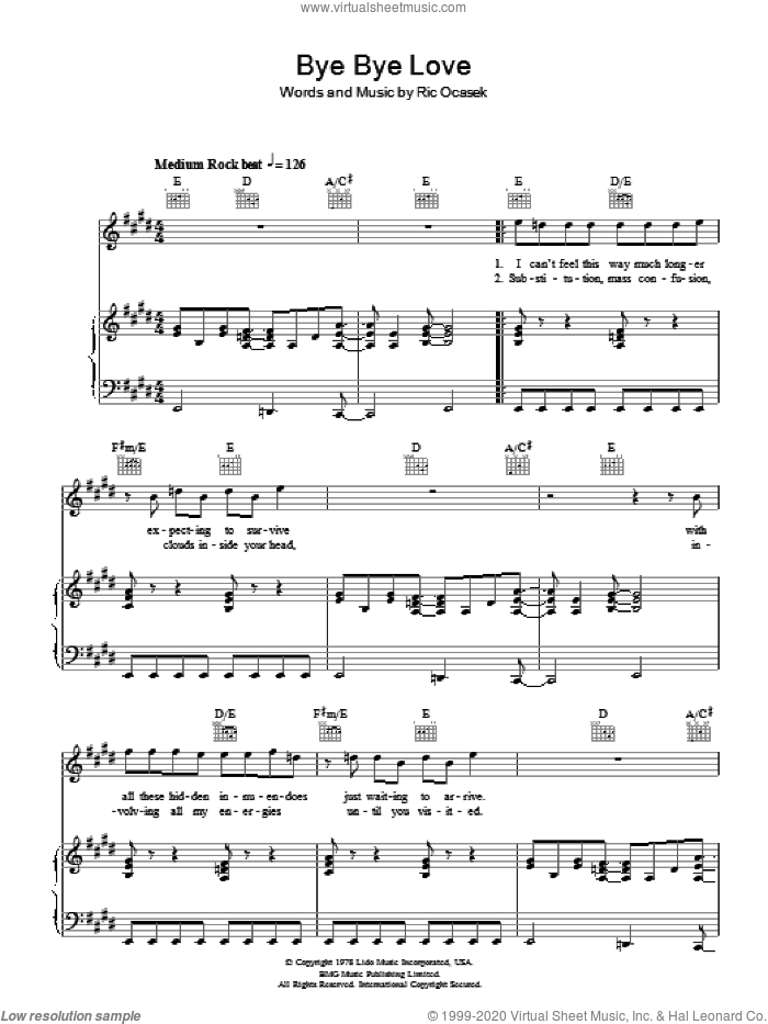 Bye Bye Love sheet music for voice, piano or guitar by The Cars and Ric Ocasek, intermediate skill level