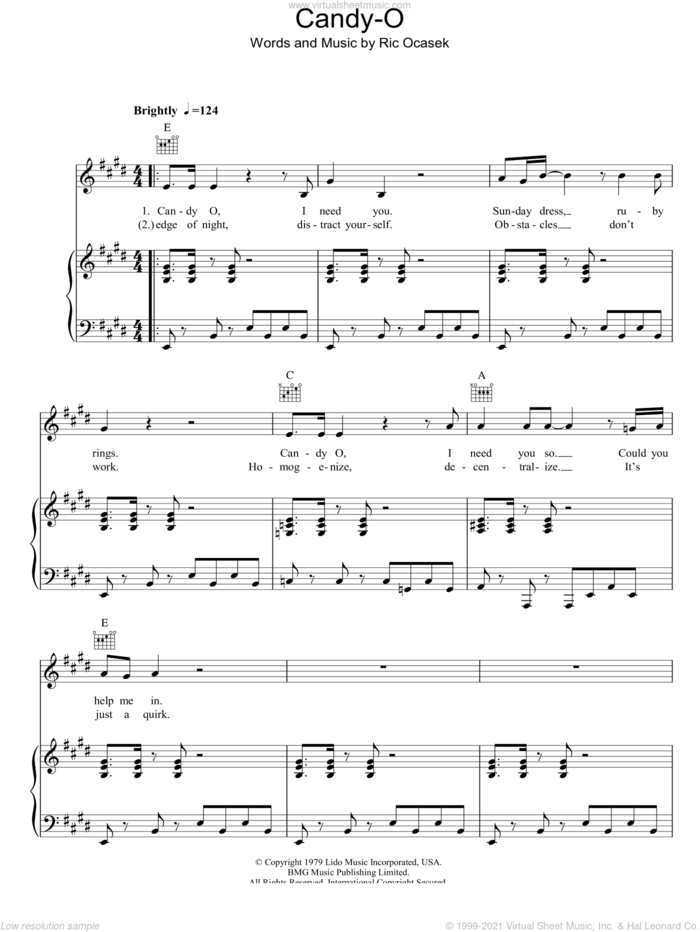 Candy-O sheet music for voice, piano or guitar by The Cars and Ric Ocasek, intermediate skill level