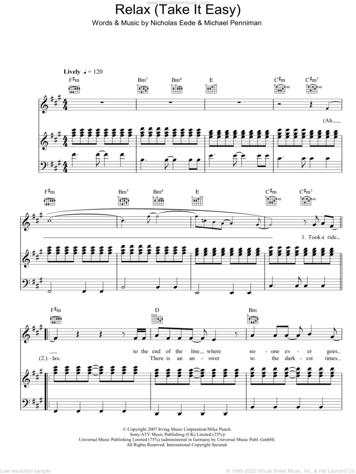 Relax (Take It Easy) sheet music for voice, piano or guitar by Mika, Michael Penniman and Nick van Eede, intermediate skill level