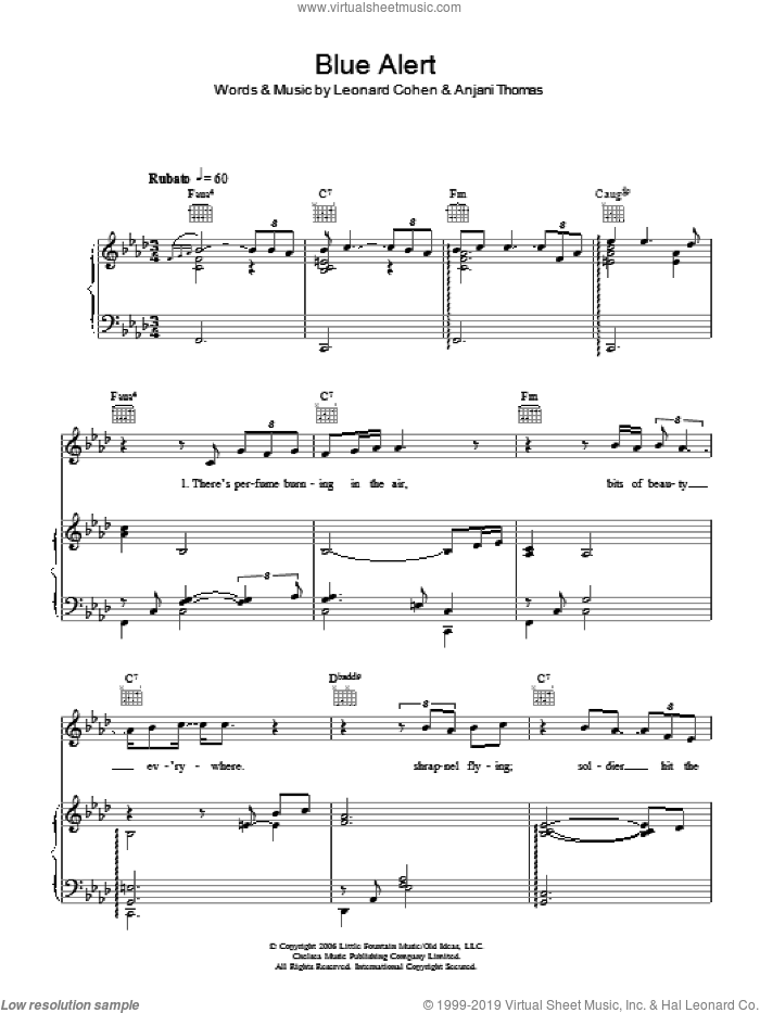 Blue Alert sheet music for voice, piano or guitar by Anjani, Anjani Thomas and Leonard Cohen, intermediate skill level