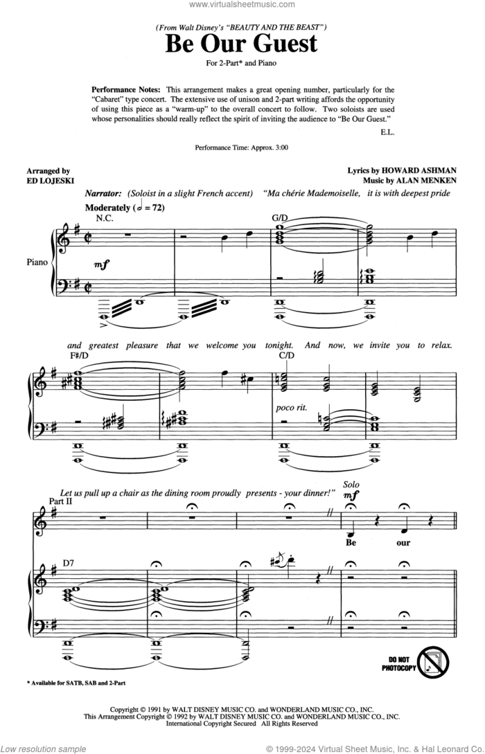 Be Our Guest (from Beauty And The Beast) (arr. Ed Lojeski) sheet music for choir (2-Part) by Alan Menken, Ed Lojeski and Howard Ashman, intermediate duet