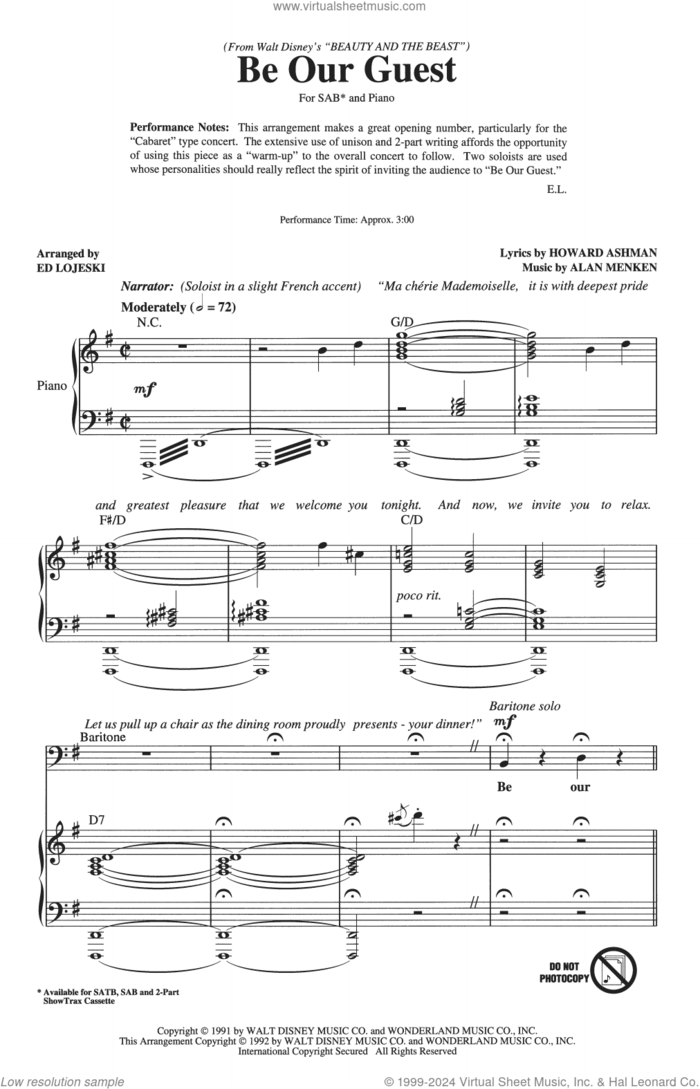 Be Our Guest (from Beauty And The Beast) (arr. Ed Lojeski) sheet music for choir (SAB: soprano, alto, bass) by Alan Menken, Ed Lojeski and Howard Ashman, intermediate skill level