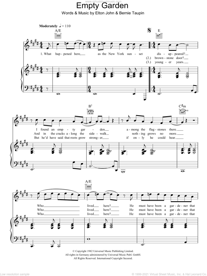 Empty Garden sheet music for voice, piano or guitar by Elton John and Bernie Taupin, intermediate skill level