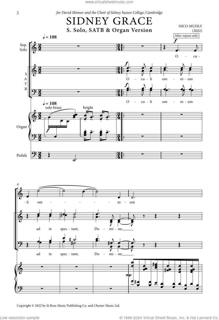 Sidney Grace sheet music for choir (SATB: soprano, alto, tenor, bass) by Nico Muhly, intermediate skill level