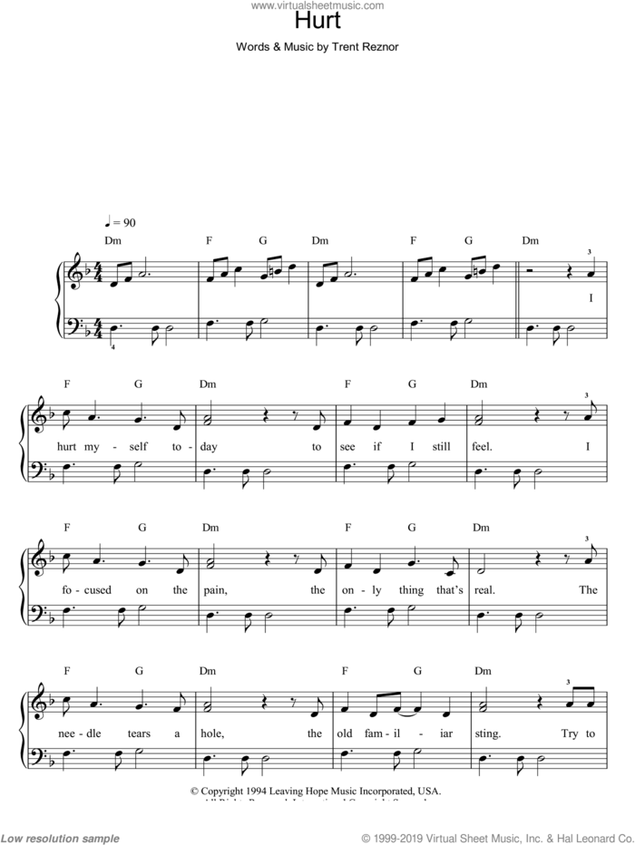 Hurt sheet music for piano solo by Johnny Cash and Trent Reznor, easy skill level