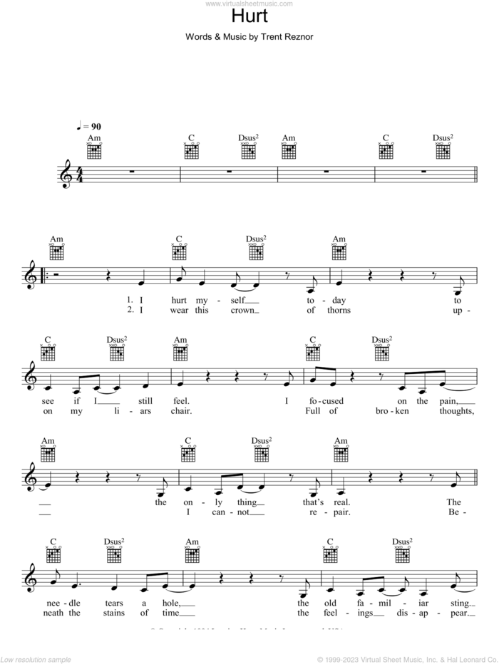 Hurt sheet music for voice and other instruments (fake book) by Johnny Cash and Trent Reznor, intermediate skill level