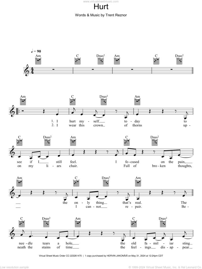 Hurt sheet music for voice and other instruments (fake book) by Johnny Cash and Trent Reznor, intermediate skill level
