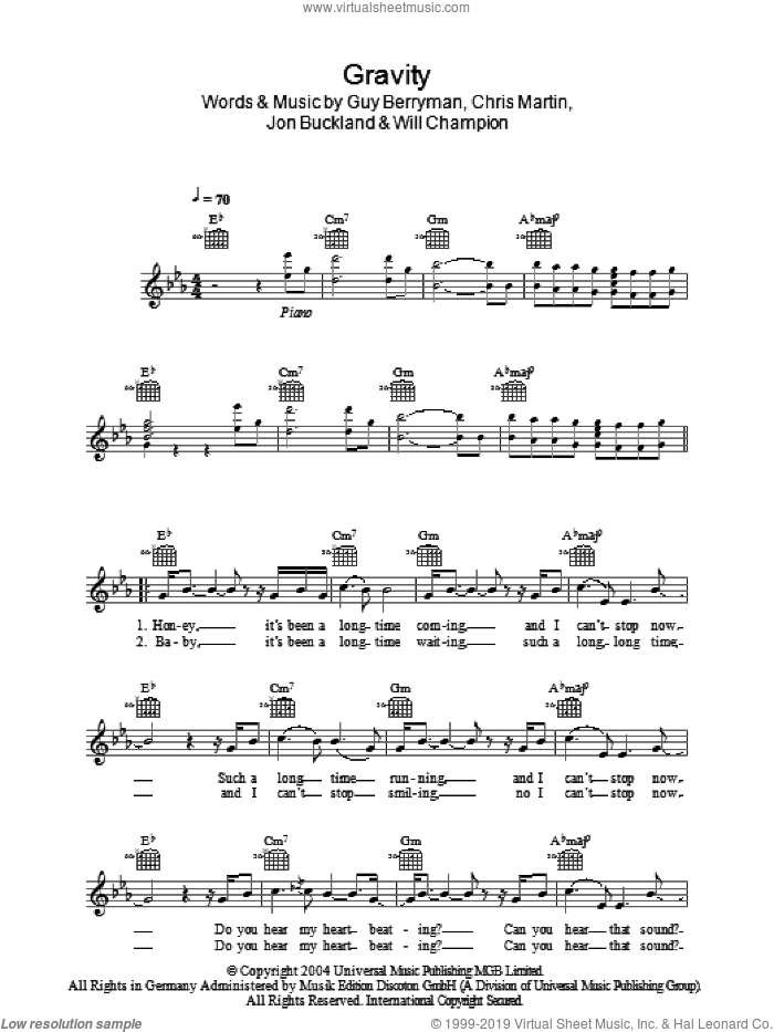 Gravity sheet music for voice and other instruments (fake book) by Embrace, Coldplay, Chris Martin, Guy Berryman, Jon Buckland and Will Champion, intermediate skill level