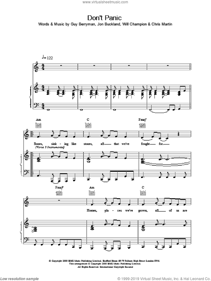 Don't Panic sheet music for voice, piano or guitar by Coldplay, intermediate skill level