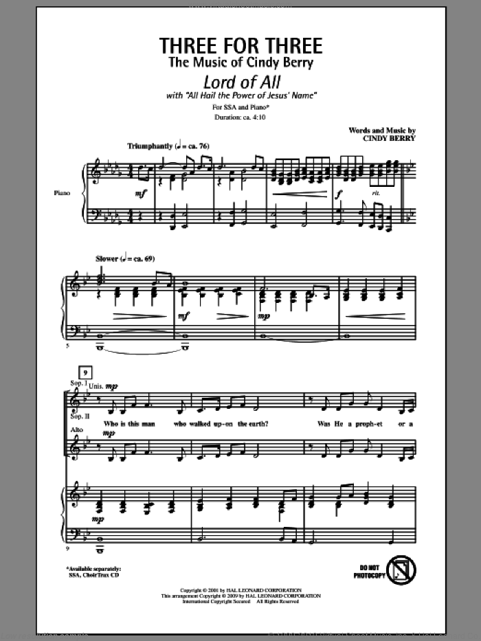 Three For Three - Three Songs For Three Parts - Volume 1 sheet music for choir (SSA: soprano, alto) by Cindy Berry, intermediate skill level
