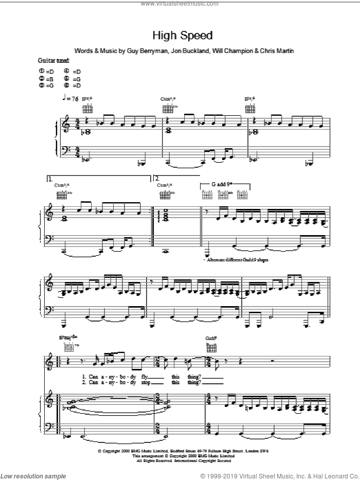 High Speed sheet music for voice, piano or guitar by Coldplay, intermediate skill level