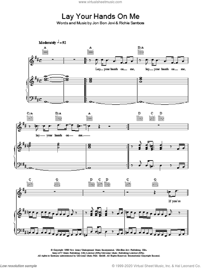 Lay Your Hands On Me sheet music for voice, piano or guitar by Bon Jovi and Richie Sambora, intermediate skill level