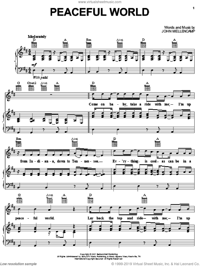 Peaceful World sheet music for voice, piano or guitar by John Mellencamp, intermediate skill level