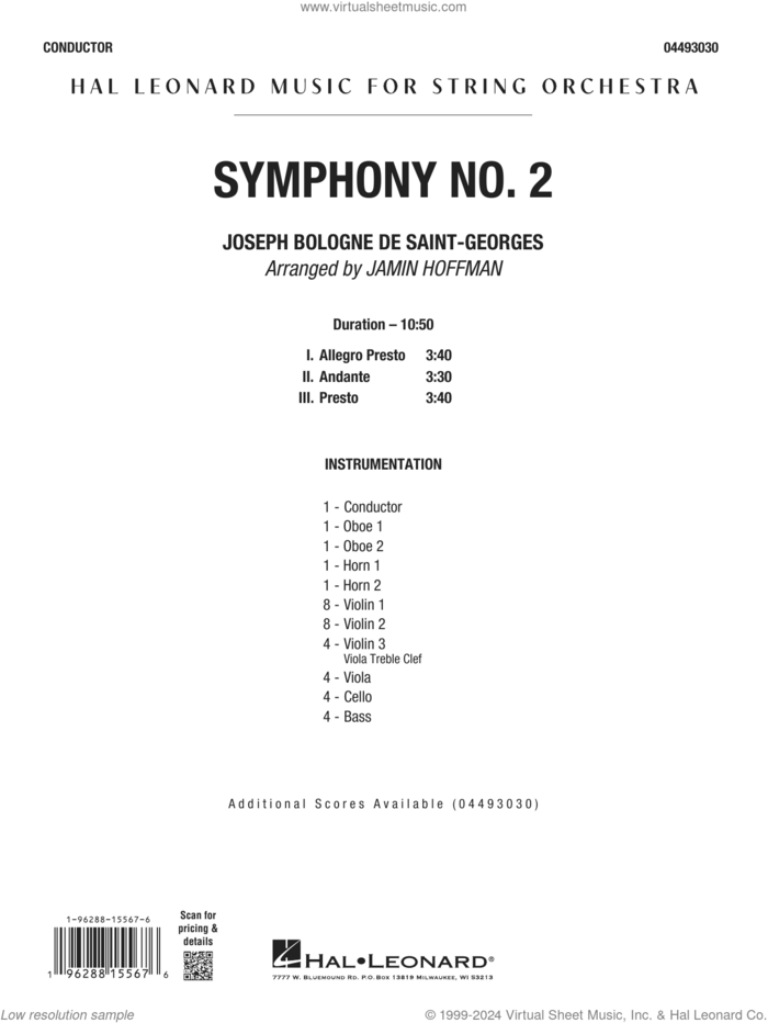 Symphony No. 2 (arr. Jamin Hoffman) (COMPLETE) sheet music for orchestra by Jamin Hoffman and Joseph Bologne de Saint-George, classical score, intermediate skill level
