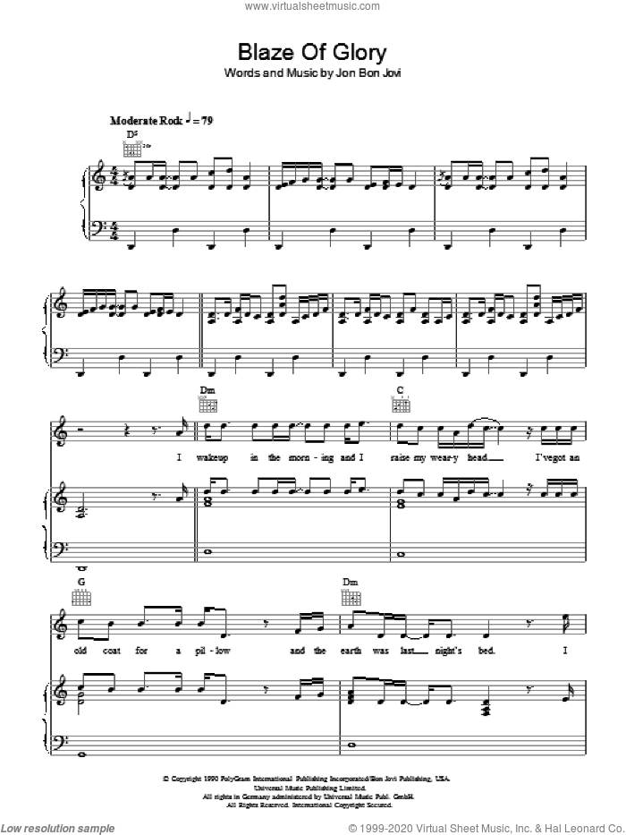 Blaze Of Glory sheet music for voice, piano or guitar by Bon Jovi, intermediate skill level