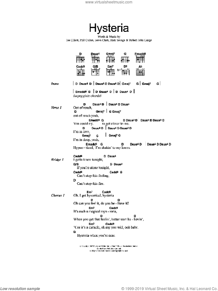 Hysteria sheet music for guitar (chords) by Def Leppard, Joe Elliott, Phil Collen, Rick Savage, Robert John Lange and Steve Clark, intermediate skill level