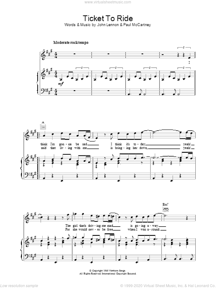 Ticket To Ride sheet music for voice, piano or guitar by The Beatles, John Lennon and Paul McCartney, intermediate skill level