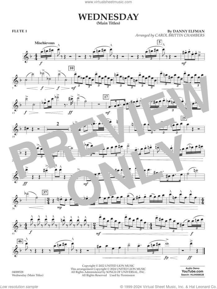 Wednesday (arr. Carol Brittin Chambers) sheet music for concert band (flute 1) by Danny Elfman and Carol Brittin Chambers, intermediate skill level