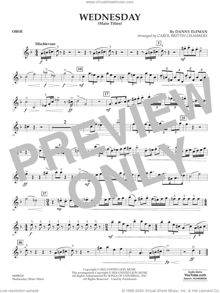 Wednesday (arr. Carol Brittin Chambers) sheet music for concert band (oboe) by Danny Elfman and Carol Brittin Chambers, intermediate skill level