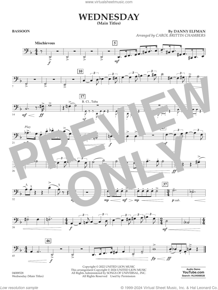 Wednesday (arr. Carol Brittin Chambers) sheet music for concert band (bassoon) by Danny Elfman and Carol Brittin Chambers, intermediate skill level