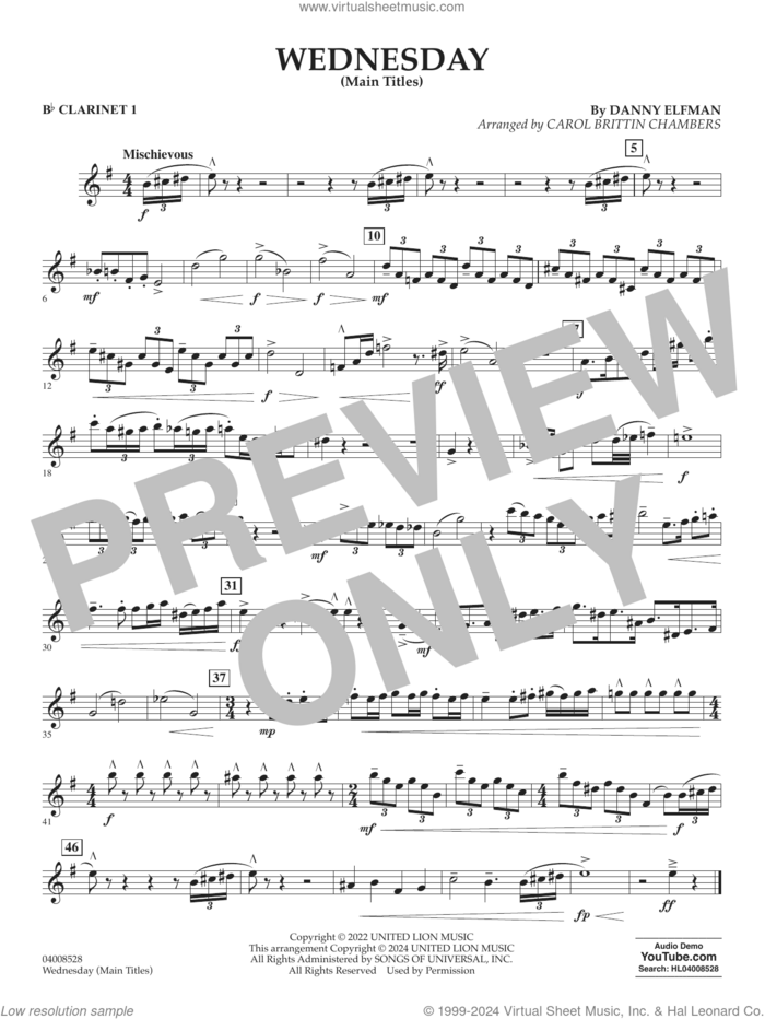 Wednesday (arr. Carol Brittin Chambers) sheet music for concert band (Bb clarinet 1) by Danny Elfman and Carol Brittin Chambers, intermediate skill level