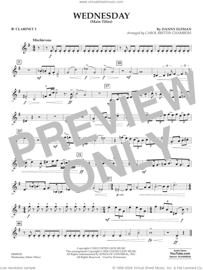 Wednesday (arr. Carol Brittin Chambers) sheet music for concert band (Bb clarinet 2) by Danny Elfman and Carol Brittin Chambers, intermediate skill level