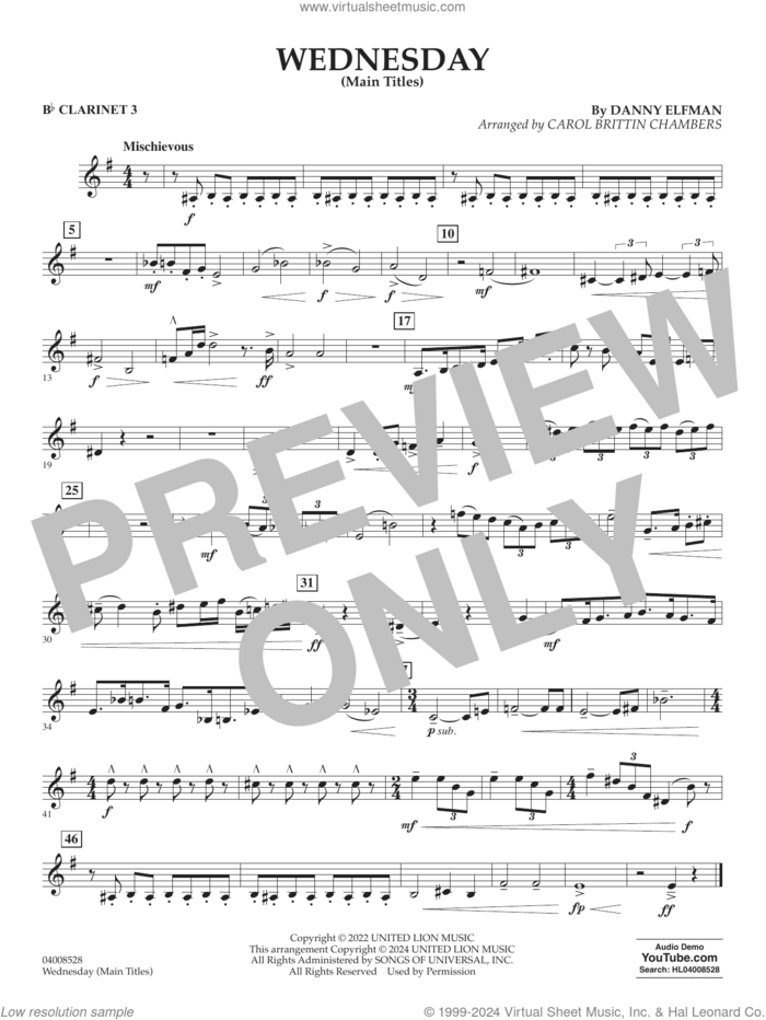 Wednesday (arr. Carol Brittin Chambers) sheet music for concert band (Bb clarinet 3) by Danny Elfman and Carol Brittin Chambers, intermediate skill level