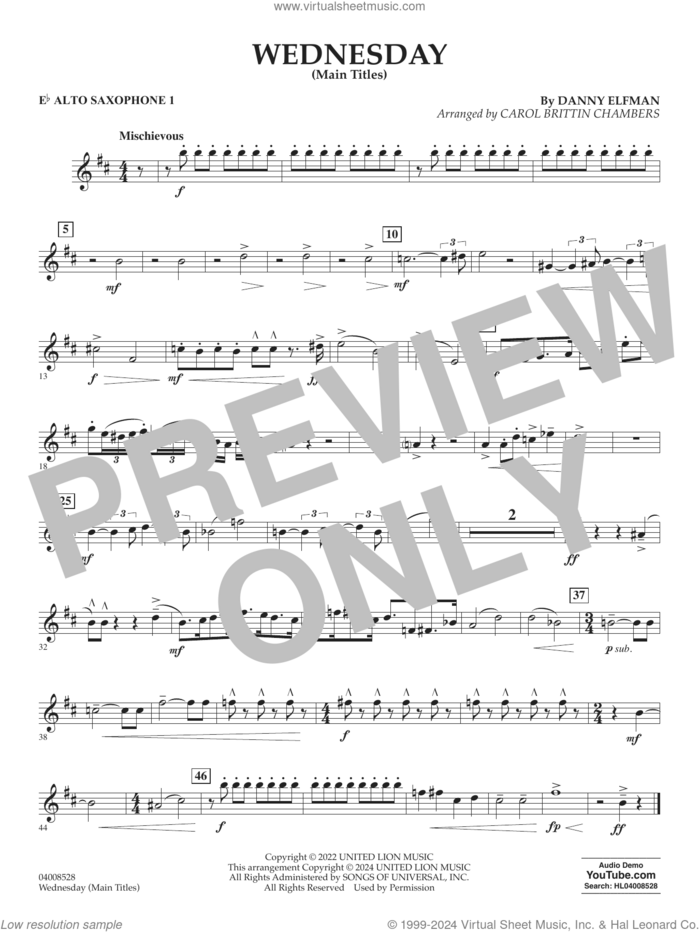 Wednesday (arr. Carol Brittin Chambers) sheet music for concert band (Eb alto saxophone 1) by Danny Elfman and Carol Brittin Chambers, intermediate skill level