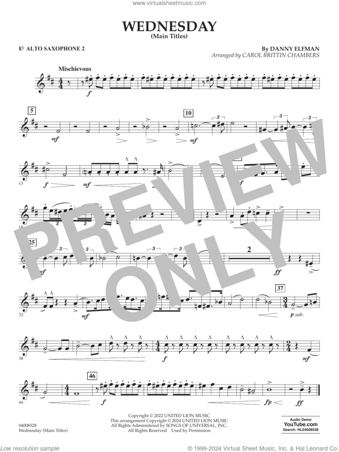 Wednesday (arr. Carol Brittin Chambers) sheet music for concert band (Eb alto saxophone 2) by Danny Elfman and Carol Brittin Chambers, intermediate skill level