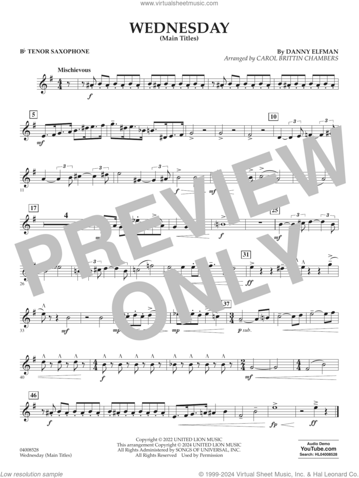 Wednesday (arr. Carol Brittin Chambers) sheet music for concert band (Bb tenor saxophone) by Danny Elfman and Carol Brittin Chambers, intermediate skill level