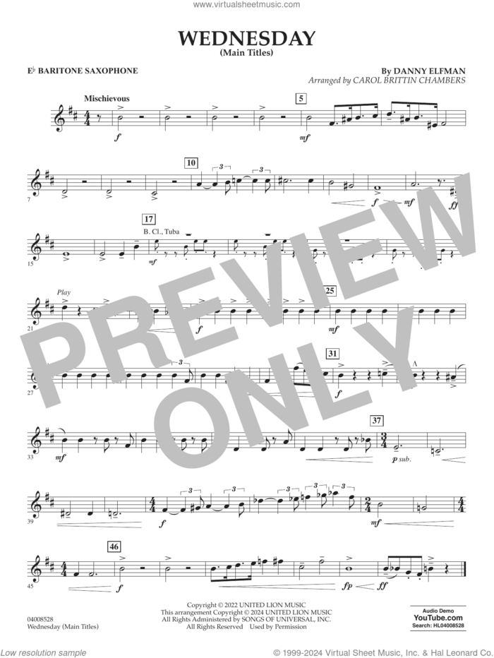 Wednesday (arr. Carol Brittin Chambers) sheet music for concert band (Eb baritone saxophone) by Danny Elfman and Carol Brittin Chambers, intermediate skill level