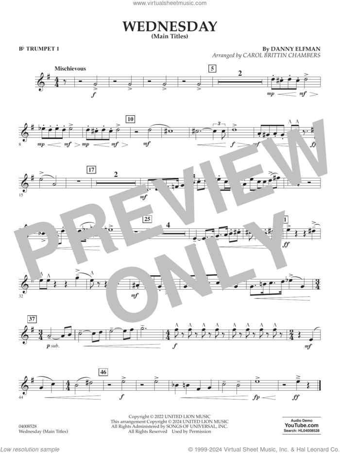 Wednesday (arr. Carol Brittin Chambers) sheet music for concert band (Bb trumpet 1) by Danny Elfman and Carol Brittin Chambers, intermediate skill level