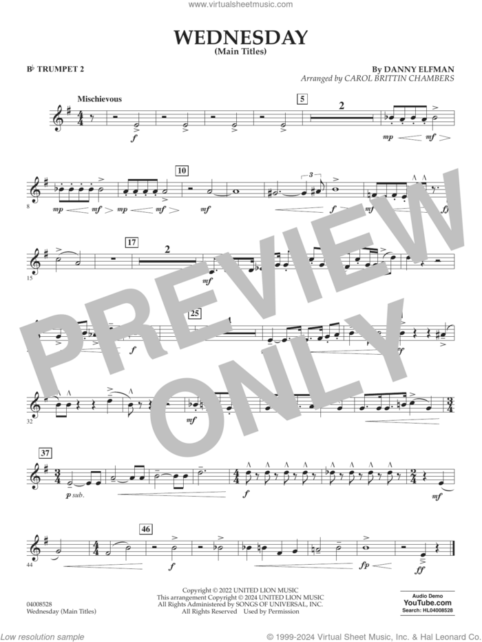 Wednesday (arr. Carol Brittin Chambers) sheet music for concert band (Bb trumpet 2) by Danny Elfman and Carol Brittin Chambers, intermediate skill level