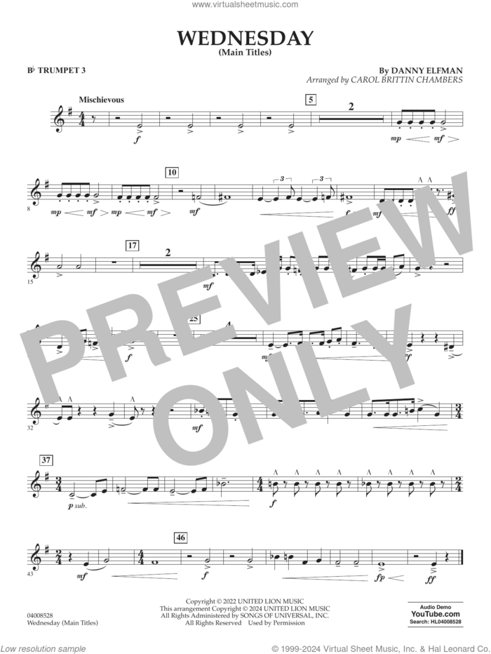 Wednesday (arr. Carol Brittin Chambers) sheet music for concert band (Bb trumpet 3) by Danny Elfman and Carol Brittin Chambers, intermediate skill level