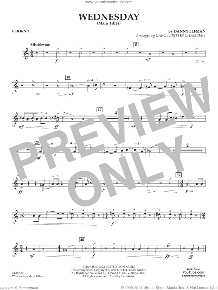 Wednesday (arr. Carol Brittin Chambers) sheet music for concert band (f horn 1) by Danny Elfman and Carol Brittin Chambers, intermediate skill level