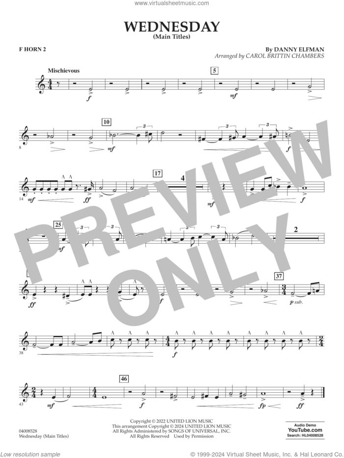 Wednesday (arr. Carol Brittin Chambers) sheet music for concert band (f horn 2) by Danny Elfman and Carol Brittin Chambers, intermediate skill level
