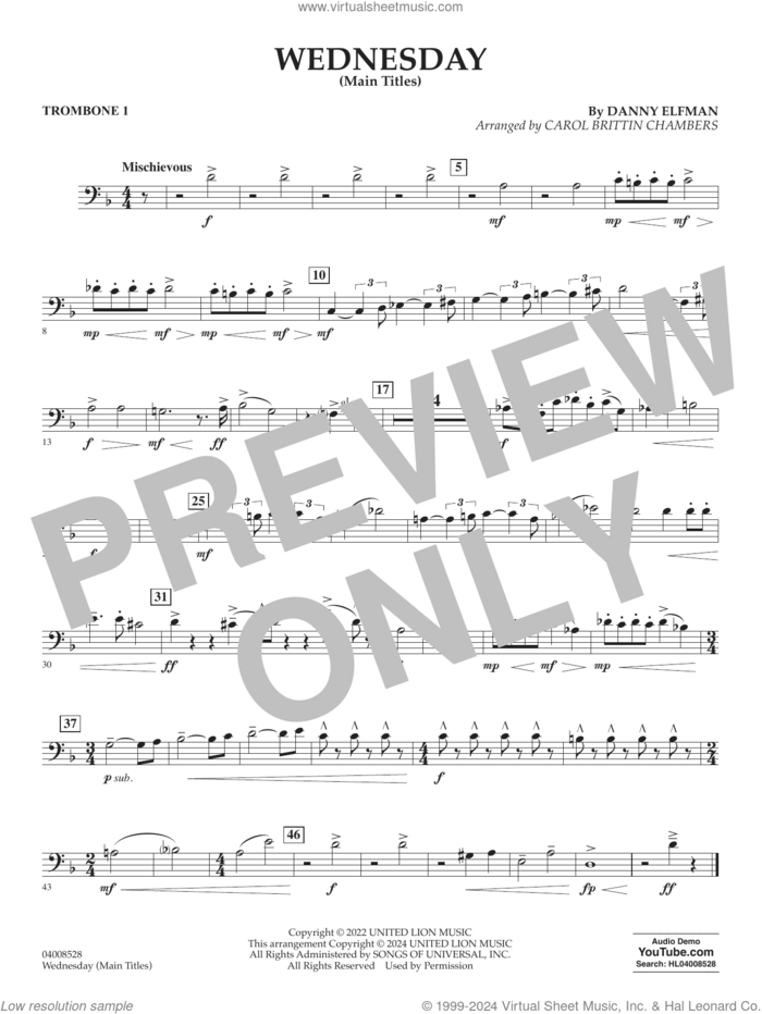 Wednesday (arr. Carol Brittin Chambers) sheet music for concert band (trombone 1) by Danny Elfman and Carol Brittin Chambers, intermediate skill level