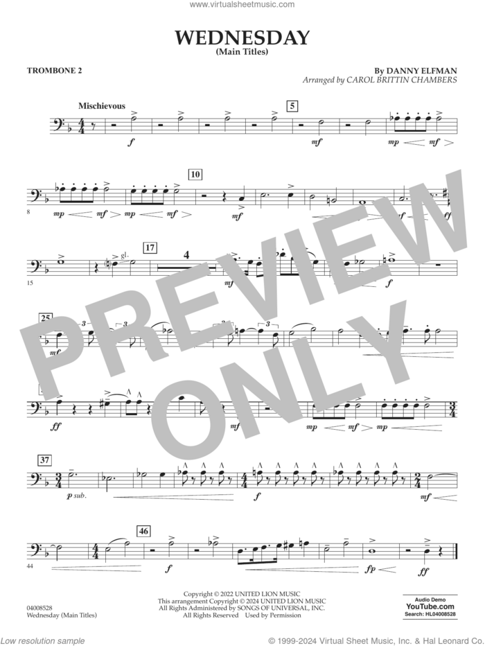 Wednesday (arr. Carol Brittin Chambers) sheet music for concert band (trombone 2) by Danny Elfman and Carol Brittin Chambers, intermediate skill level