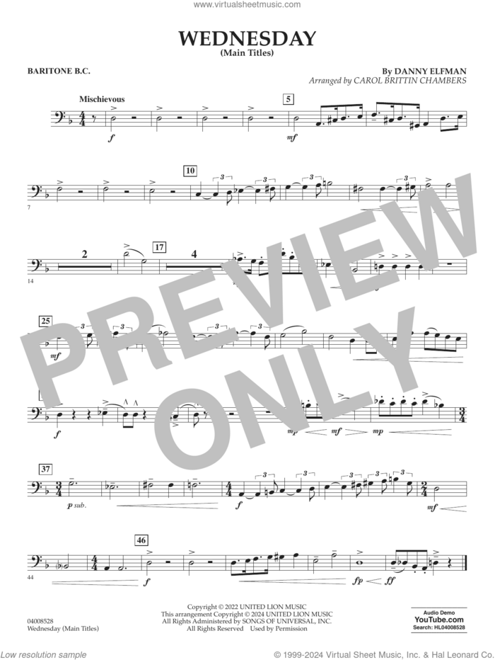 Wednesday (arr. Carol Brittin Chambers) sheet music for concert band (baritone b.c.) by Danny Elfman and Carol Brittin Chambers, intermediate skill level