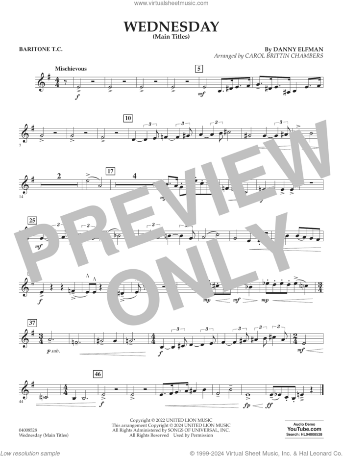 Wednesday (arr. Carol Brittin Chambers) sheet music for concert band (baritone t.c.) by Danny Elfman and Carol Brittin Chambers, intermediate skill level