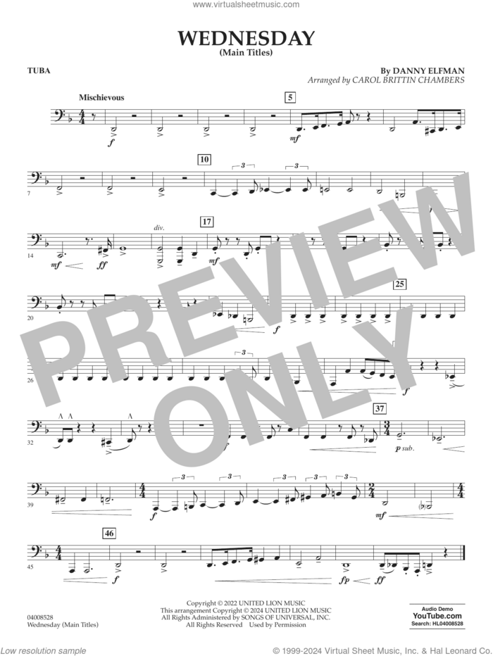 Wednesday (arr. Carol Brittin Chambers) sheet music for concert band (tuba) by Danny Elfman and Carol Brittin Chambers, intermediate skill level